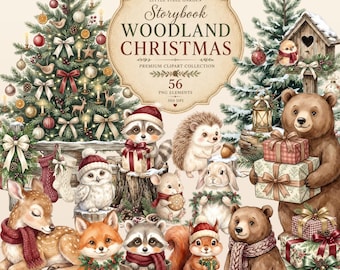May include: A digital collection of 56 Christmas-themed woodland illustrations featuring a decorated pine tree, a birdhouse, and various animals including bears, a fox, a deer, a raccoon, a hedgehog, and a rabbit, all adorned with festive accessories.