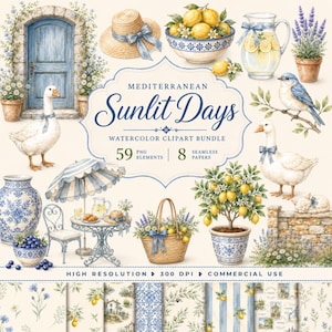 May include: A digital watercolor clipart bundle titled Mediterranean Sunlit Days featuring 59 PNG elements and 8 seamless papers. Illustrations include a blue door, straw hat, lemon bowl, lemonade pitcher, lavender, geese, blue bird, and lemon tree.