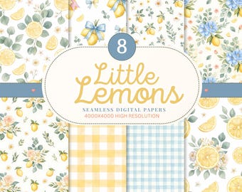 May include: A collection of eight digital paper patterns featuring watercolor lemons, blue and pink ribbons, white flowers, and yellow or blue gingham checks. The central text reads 8 Little Lemons Seamless Digital Papers 4000x4000 High Resolution.