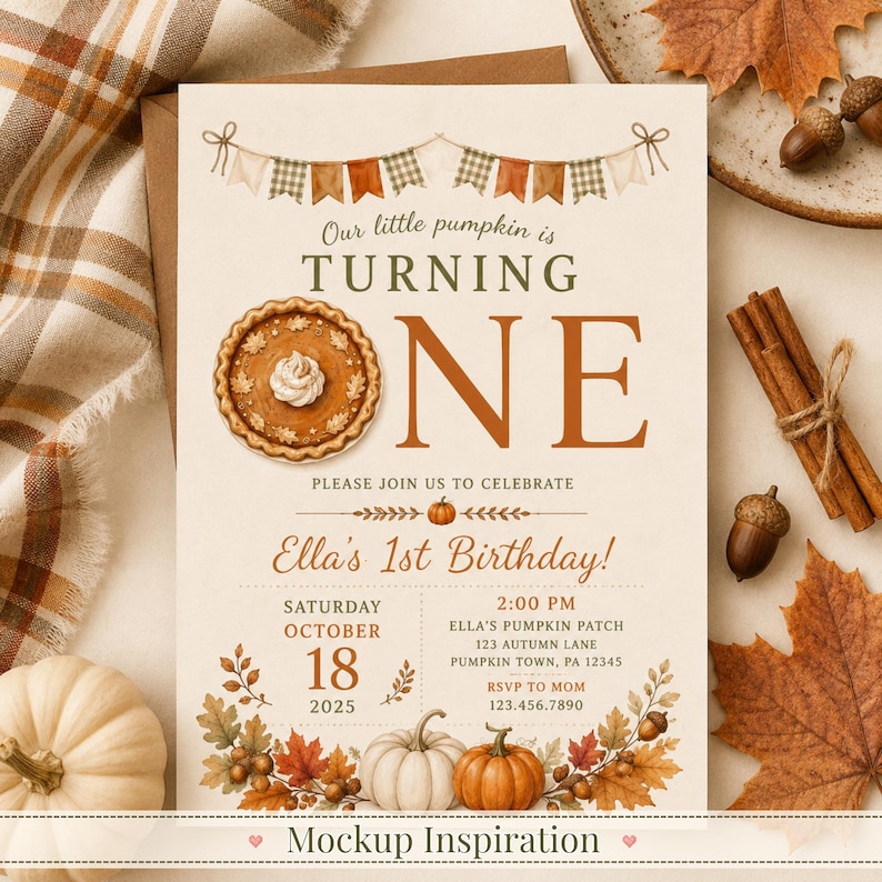 May include: A cream-colored birthday invitation card featuring a pumpkin pie illustration replacing the letter O in the word ONE. The text reads Our little pumpkin is TURNING ONE, Ella's 1st Birthday, Saturday October 18 2025, and event details.