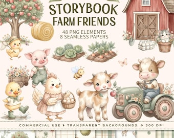 Peut inclure: Une collection de cliparts intitulée STORYBOOK FARM FRIENDS comprenant 48 éléments PNG et 8 papiers sans couture. Les graphismes incluent une grange rouge, un pommier, une botte de foin, un cochon, une chèvre, une vache sur un tracteur et divers animaux.