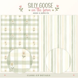 May include: Digital pattern set titled SILLY GOOSE on the farm 4000 X 4000 PX. The left side features a sage green and cream gingham check pattern with small daisy illustrations. The right side displays vertical stripes in sage green and cream.