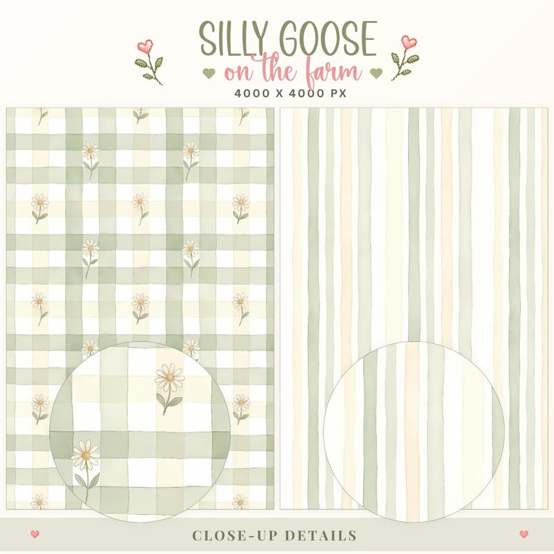 May include: Digital pattern set titled SILLY GOOSE on the farm 4000 X 4000 PX. The left side features a sage green and cream gingham check pattern with small daisy illustrations. The right side displays vertical stripes in sage green and cream.