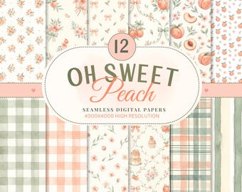 May include: A collection of 12 seamless digital papers featuring watercolor illustrations of peaches, flowers, bows, cakes, and a small deer. The central text reads 12 OH SWEET Peach SEAMLESS DIGITAL PAPERS 4000X4000 HIGH RESOLUTION in green and peach.