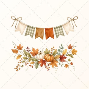 May include: A decorative bunting banner featuring six pennants in cream, green gingham, and solid orange tones, tied with twine bows at each end. Below, a botanical arrangement of autumn maple leaves, berries, and two pumpkins in white and orange.