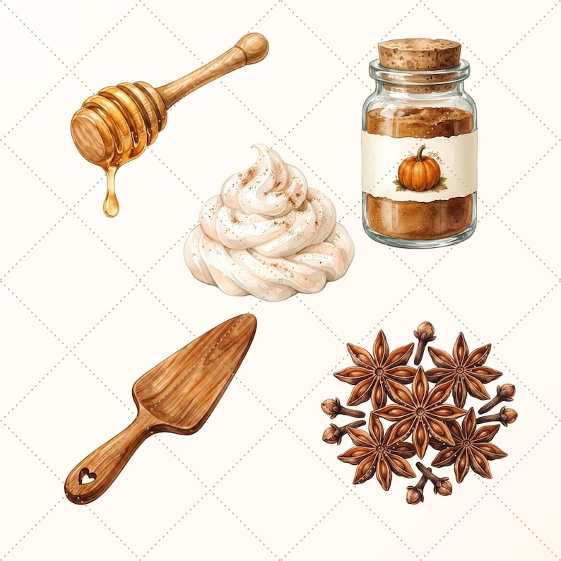 May include: A collection of items including a wooden honey dipper with dripping honey, a dollop of white whipped cream, a glass jar with a cork stopper and a pumpkin label, a wooden scoop, and a cluster of star anise and whole cloves.