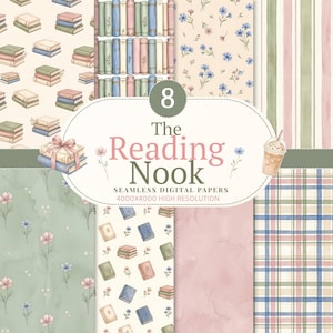 Pode incluir: Uma coleção de oito papéis digitais sem costura intitulada The Reading Nook, apresentando padrões em aquarela de pilhas de livros, estantes, flores azuis, listras verdes e rosas, xadrez e texturas sólidas em uma paleta de cores suaves.