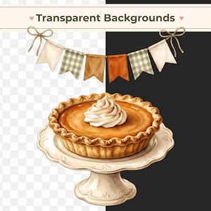 May include: A pumpkin pie with a dollop of whipped cream sits on a white ceramic pedestal cake stand. Above the pie, a decorative bunting banner features alternating solid cream, brown, orange, and green checkered fabric pennant flags.