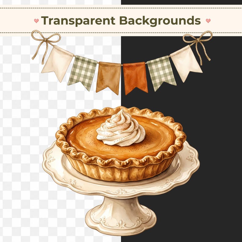 May include: A pumpkin pie with a dollop of whipped cream sits on a white ceramic pedestal cake stand. Above the pie, a decorative bunting banner features alternating solid cream, brown, orange, and green checkered fabric pennant flags.