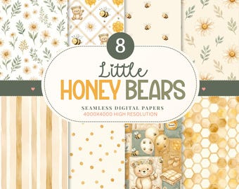 May include: A collection of eight seamless digital papers featuring watercolor illustrations of honey bears, bees, daisies, honeycombs, stripes, and polka dots. The central text reads 8 Little HONEY BEARS SEAMLESS DIGITAL PAPERS 4000X4000 HIGH RESOLUTION.