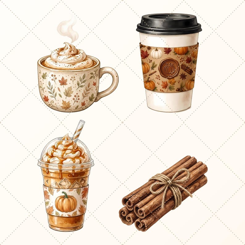 May include: A collection of autumn-themed items including a ceramic mug with whipped cream, a paper coffee cup with a pumpkin-patterned sleeve, an iced coffee in a plastic cup with whipped cream and caramel, and a bundle of tied cinnamon sticks.