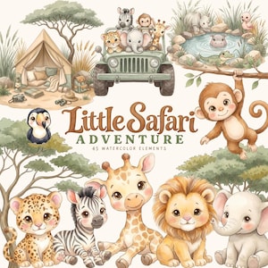 Safari Animals Clipart Watercolor PNG Bundle, 45 uroczych małych zwierząt, Wild One Clipart, Safari Jeep, Lew, Słoń, Żyrafa, Baby Shower PNG