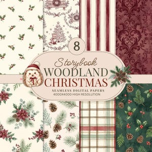 Puede incluir: Una colección de 8 papeles digitales sin costuras titulada Storybook Woodland Christmas. Los patrones incluyen ilustraciones de acebo, piñas, flores de pascua, un zorro, un erizo con gorro, rayas, cuadros y damasco en rojo y verde.