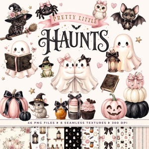 May include: A digital collection of illustrations featuring a black cat in a witch hat, a spider, an owl, a bat, ghosts, a frog, pumpkins, a spellbook, and treats with black bows. The text reads Pretty Little Haunts, 46 PNG files, 8 seamless textures, 300 DPI.