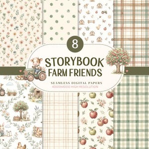 Puede incluir: Una colección de ocho papeles digitales sin costuras con ilustraciones de temática agrícola que incluyen una vaca en un tractor, manzanos, animales de granja, lunares verdes y patrones de cuadros. El texto central dice 8 STORYBOOK FARM FRIENDS.