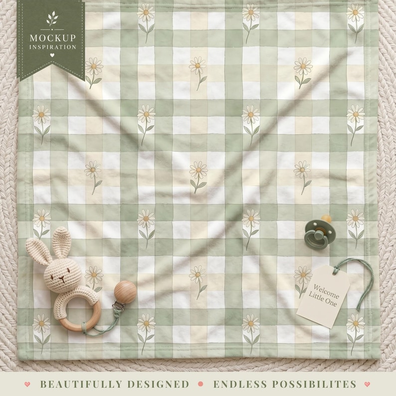 May include: A square baby blanket featuring a light green and cream checkered pattern with small daisy illustrations. A crocheted rabbit rattle with a wooden ring and a sage green pacifier with a tag reading Welcome Little One are included.