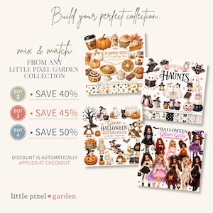 May include: A digital collection of four themed clipart bundles featuring watercolor illustrations of pumpkins, Halloween geese, ghosts, and stylized characters. Text includes Build your perfect collection, mix & match, and Little Pixel Garden.