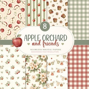 May include: A collection of eight seamless digital papers featuring apple orchard themes. Patterns include whole and sliced red apples, apple baskets, apple blossoms, gingham checks in green and red, and clotheslines with baby clothing.