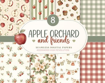 Apple Orchard Digital Paper Pack, Watercolor Apple Seamless Patterns, Gingham & Floral Scrapbook Paper, Nursery Fabric, Commercial Use