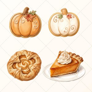 May include: A collection of four baked goods including two pumpkin-shaped cookies decorated with icing and leaves, a round golden-brown pastry with a swirled center, and a slice of pumpkin pie topped with whipped cream on a white plate.