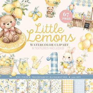 May include: A digital watercolor clipart set titled Little Lemons featuring illustrations of a teddy bear, a bunny, a duckling, lemons, a lemonade stand, a pitcher of lemonade, a blue gingham number one, and various floral lemon patterns.
