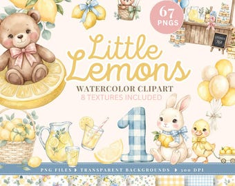 Clipartbundel aquarel Little Lemon, citrusdieren en bloemen png, commercieel gebruik