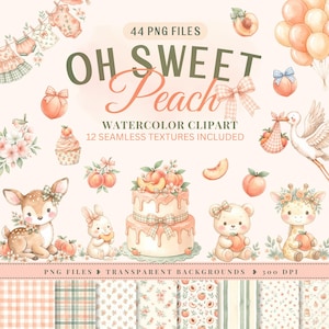 以下が含まれることがあります： OH SWEET Peachと題された44個の水彩画風クリップアートPNGファイルのデジタルコレクション。桃、2段ケーキ、コウノトリ、子鹿、ウサギ、クマ、キリン、風船のイラストと、桃のモチーフが描かれた12種類のシームレスパターンが含まれています。