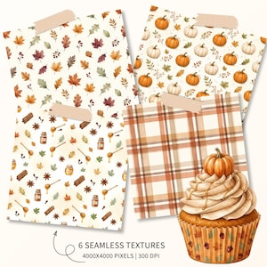 May include: A digital collection of six seamless textures featuring watercolor illustrations of autumn leaves, pumpkins, cinnamon sticks, honey jars, and plaid patterns, alongside a cupcake topped with a pumpkin and the text 6 SEAMLESS TEXTURES 4000X4000 PIXELS 300 DPI.