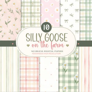 以下が含まれることがあります： 「SILLY GOOSE on the farm」と題された10種類のシームレスデジタルペーパーコレクション。ピンク地に白いデイジー、緑と白のギンガムチェック、ピンクの水玉模様、白地に小さなリボンなど、水彩画風のデザインが特徴です。