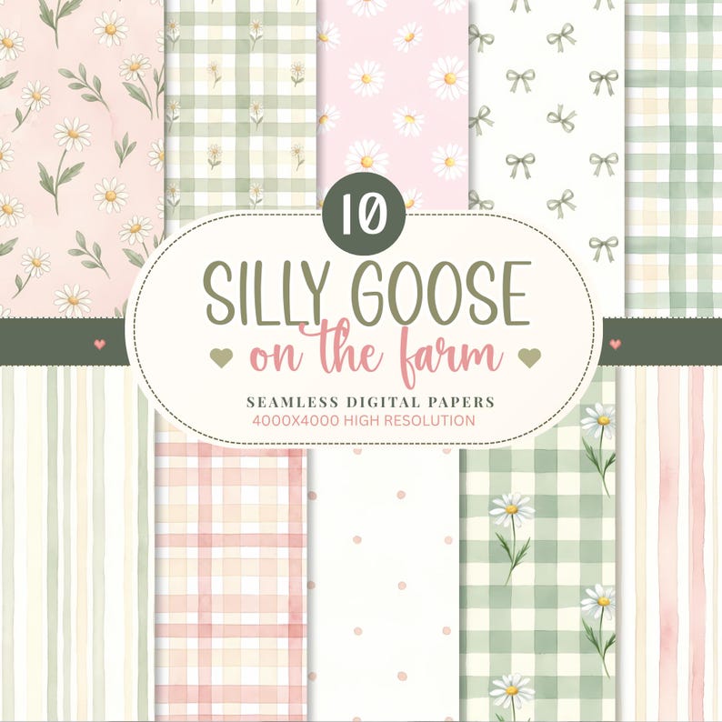 May include: A collection of 10 seamless digital papers titled SILLY GOOSE on the farm. The patterns feature watercolor designs including white daisies on pink, green and white gingham, pink polka dots, and small bows on a white background.
