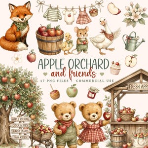 Puede incluir: Una colección digital de ilustraciones Apple Orchard and Friends que incluye un zorro, osos de peluche, un ganso, un patito, un ratón, manzanos, cestas de manzanas, un puesto de madera, ropa en un tendedero y varios artículos temáticos.