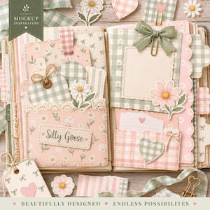 May include: A scrapbook journal featuring pages decorated with sage green and soft pink gingham patterns, daisy illustrations, lace trim, and paper tags. The pages include a label with the text Silly Goose, heart cutouts, and a green ribbon bow.