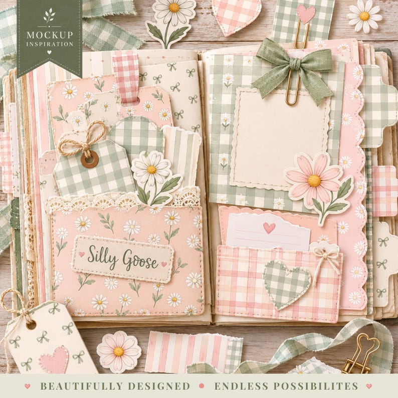 May include: A scrapbook journal featuring pages decorated with sage green and soft pink gingham patterns, daisy illustrations, lace trim, and paper tags. The pages include a label with the text Silly Goose, heart cutouts, and a green ribbon bow.