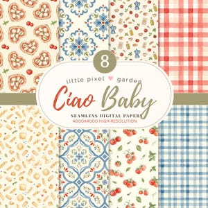 Puede incluir: Una colección de ocho patrones de papel digital sin costuras con pizzas en forma de corazón, azulejos florales azules, motivos de cocina italiana, cuadros vichy rojos y blancos, formas de pasta y tomates rojos. La etiqueta central dice 8 little pixel garden Ciao Baby.