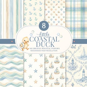 Può includere: Una collezione di otto carte digitali senza cuciture con temi costieri ad acquerello, tra cui ancore, conchiglie, barche a vela, fari e motivi a onde. Un'etichetta centrale mostra il testo 8 Little COASTAL DUCK.