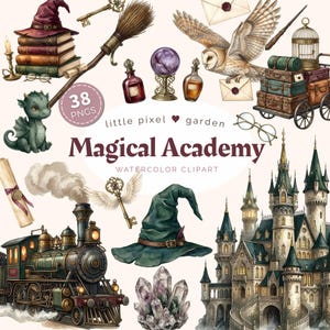 Puede incluir: Una colección digital de 38 elementos de arte prediseñado en acuarela titulada Magical Academy de little pixel garden. El conjunto incluye un dragón verde, un tren de vapor, un castillo, un sombrero de bruja, un búho, una escoba y cristales.