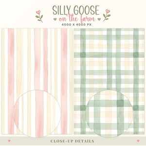 May include: Digital pattern set titled SILLY GOOSE on the farm 4000 X 4000 PX. The left side features vertical watercolor stripes in soft pink and cream. The right side displays a green and cream watercolor plaid pattern with circular close-up details.