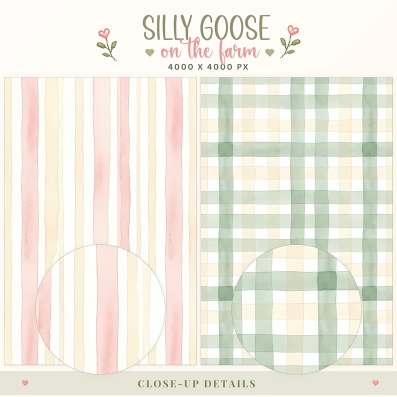 May include: Digital pattern set titled SILLY GOOSE on the farm 4000 X 4000 PX. The left side features vertical watercolor stripes in soft pink and cream. The right side displays a green and cream watercolor plaid pattern with circular close-up details.