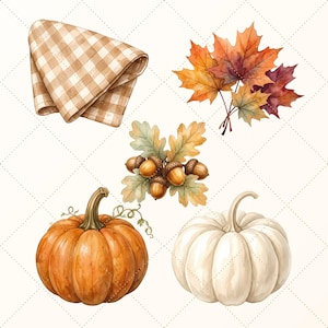May include: A watercolor illustration set featuring a folded beige and white checkered napkin, a cluster of vibrant orange and red maple leaves, a group of brown acorns with oak leaves, a round orange pumpkin, and a round white pumpkin.
