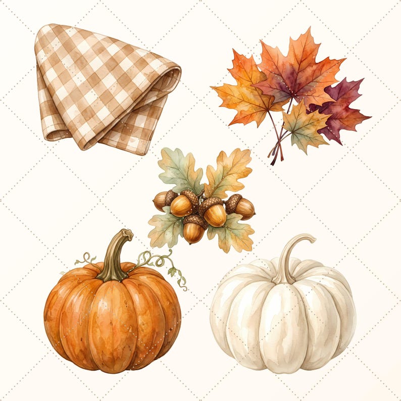 May include: A watercolor illustration set featuring a folded beige and white checkered napkin, a cluster of vibrant orange and red maple leaves, a group of brown acorns with oak leaves, a round orange pumpkin, and a round white pumpkin.