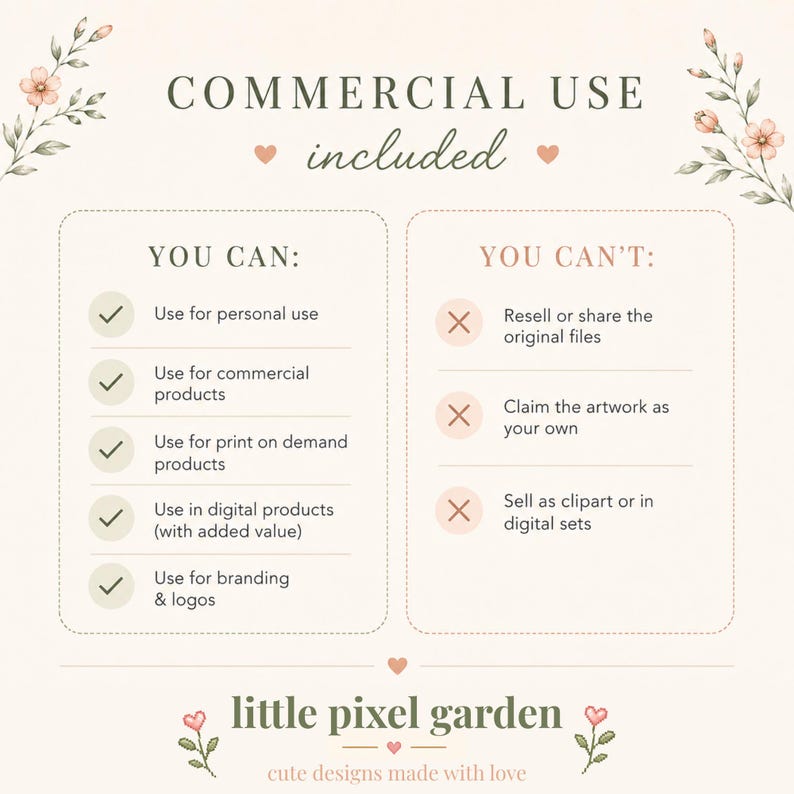 May include: A digital license information graphic with a cream background and floral accents. It features the text COMMERCIAL USE included, followed by two columns labeled YOU CAN and YOU CAN'T with lists of permitted and prohibited usage terms.