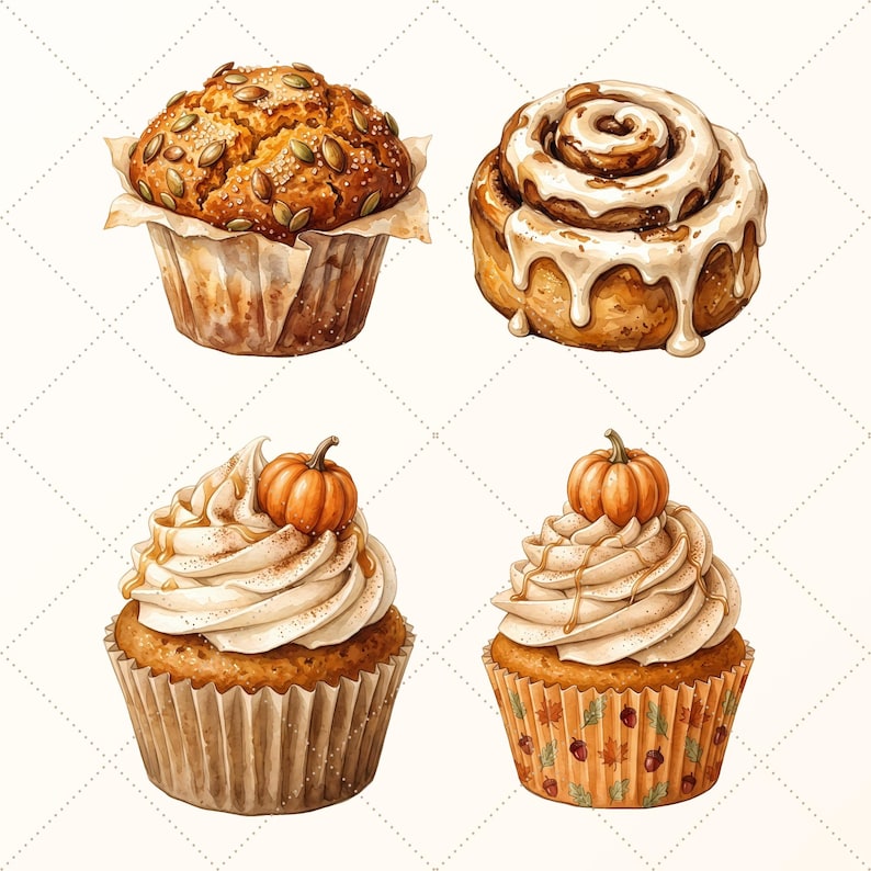 May include: A collection of four baked goods including a pumpkin seed muffin, a glazed cinnamon roll, and two cupcakes topped with white frosting and small orange pumpkins. The cupcakes sit in paper liners, one plain and one with leaf patterns.