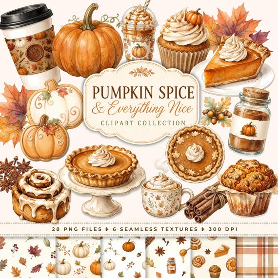 Pumpkin Spice Clipart, Fall Bakery Clipart Bundle, Autumn Coffee Clipart, Pumpkin Pie PNG, Cozy Fall Graphics, Commercial Use