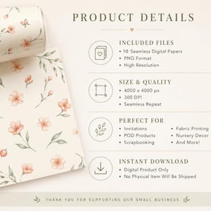 May include: A digital product listing featuring a cream-colored background with a repeating pattern of soft pink cherry blossoms and green leaves. The text includes Product Details, Included Files, 10 Seamless Digital Papers, PNG Format, 4000 x 4000 px, 300 DPI, and Instant Download.