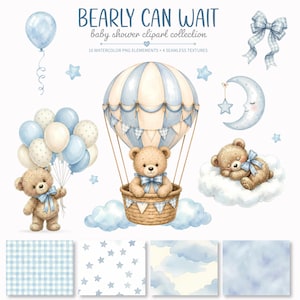 Nallebjörn, kan vänta, blå akvarell clipart-paket, nallebjörn PNG, babyshower-grafik
