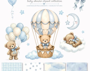 Może przedstawiać: Kolekcja akwarelowych grafik clipart zatytułowana BEARLY CAN WAIT z misiami, balonem na ogrzane powietrze, niebieskimi i kremowymi balonami, półksiężycem, gwiazdkami i kokardą. Zawiera 16 elementów i 4 tekstury w odcieniach niebieskiego.