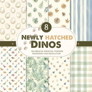 Op de afbeelding: Een collectie van acht naadloze digitale papieren met aquarelillustraties van dinosauriëreieren, tropische bladeren, fossielen, voetafdrukken, blauwe strepen en groen ruitpatroon met de tekst 8 NEWLY HATCHED DINOS.