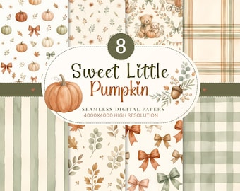 May include: A collection of eight seamless digital papers featuring watercolor illustrations of pumpkins, teddy bears, bows, leaves, and plaid patterns in shades of cream, sage green, and orange, with the text 8 Sweet Little Pumpkin.