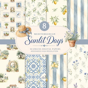 Könnte beinhalten: Eine Sammlung von acht nahtlosen digitalen Papieren mit mediterranen Motiven, darunter Aquarell-Zitronen, Olivenzweige, blaue Streifen, Blumenmuster und Briefmarken im Vintage-Stil mit dem Text 8 Mediterranean Sunlit Days.