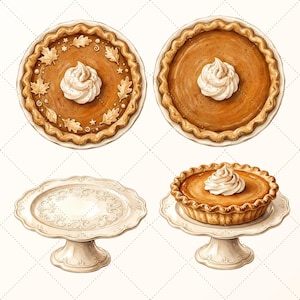 May include: Two round pumpkin pies with crimped crusts and whipped cream dollops, one decorated with pastry leaves and stars. An empty white ceramic pedestal cake stand and a second stand holding a pumpkin pie with whipped cream topping.